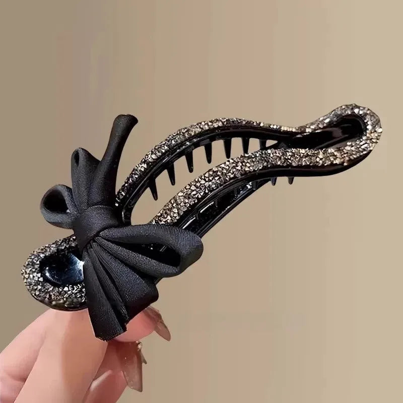 Black crystal bow acrylic hair claw 11.5cm total length, manual processed women's updo accessory