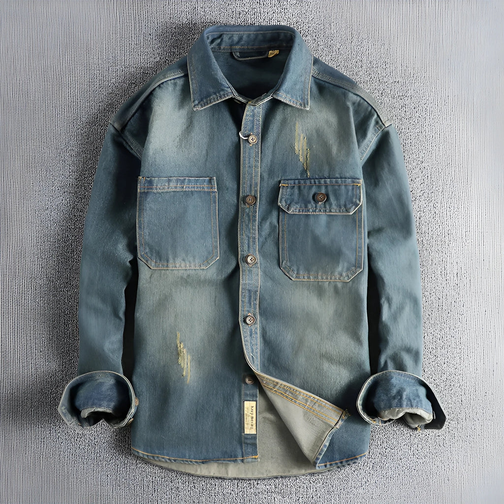 Men's light blue washed vintage denim shirt with loose cardigan style and long sleeves