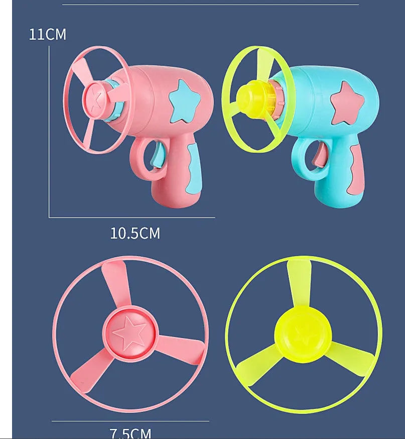 Flying saucer launcher toy with three blue flashing LED discs and target board on blister card