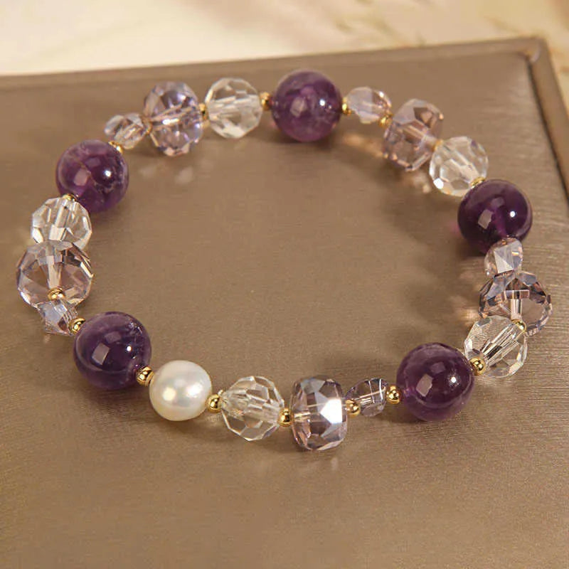 Artificial amethyst crystal bracelet for women with electroplated finish, U-shape design, four-leaf clover motif, and pearl elements