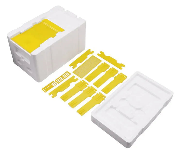 Three white EPS foam mini bee delivery boxes for hive frame and colony transport.
