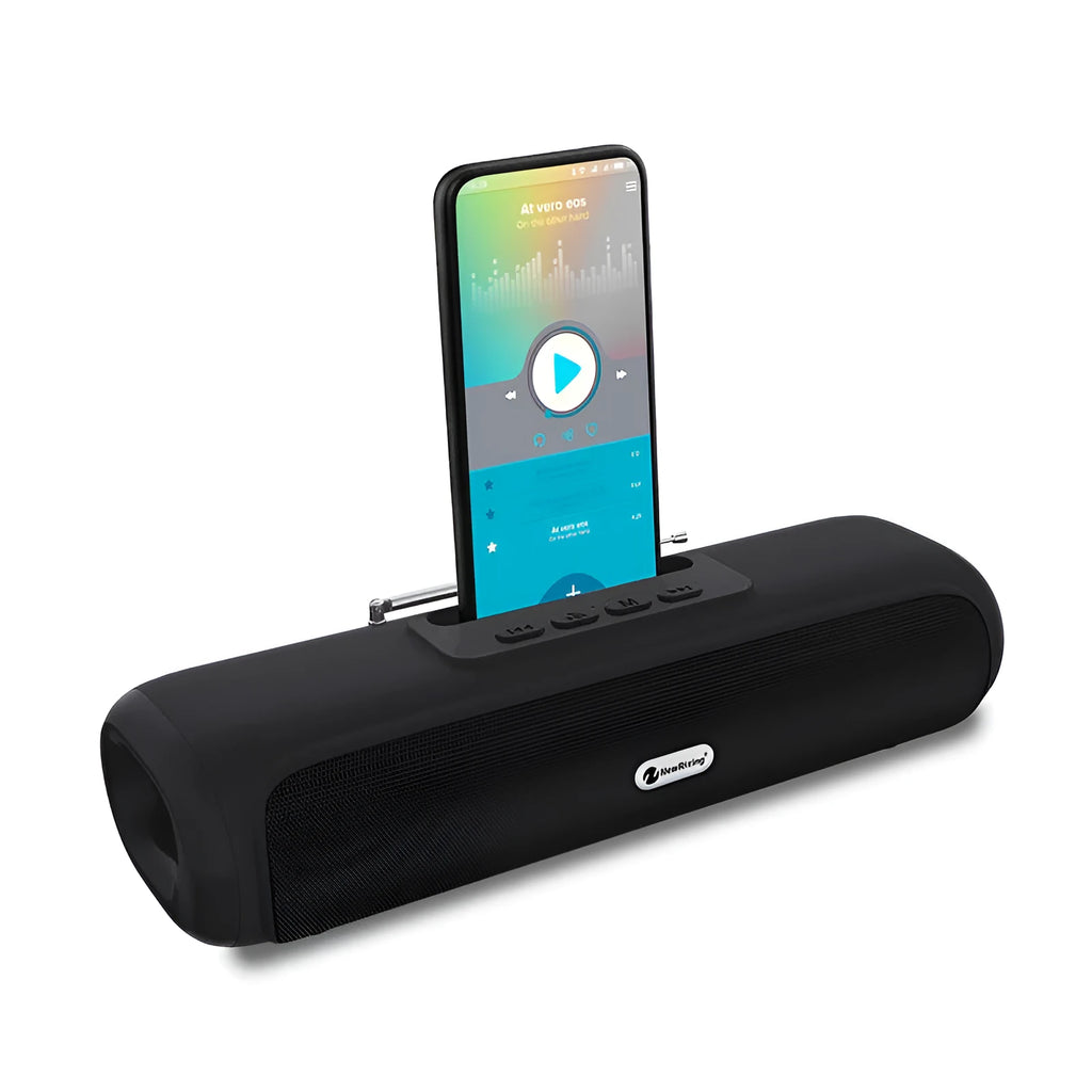 Wireless desktop long strip subwoofer speaker in black showing Bluetooth connectivity and USB charging