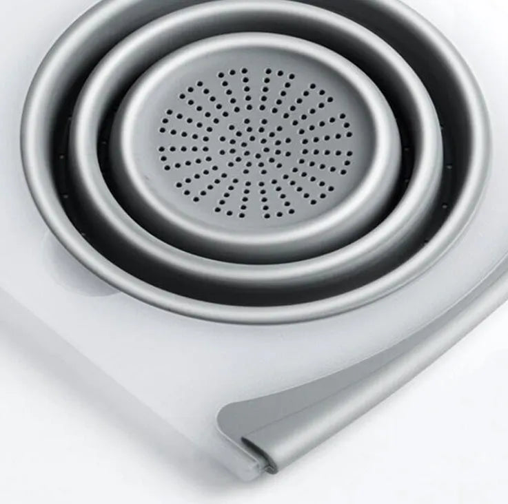 Gray PP+TPR multi-functional 3 in 1 chopping board with detachable folding drain basket and thickened cutting surface