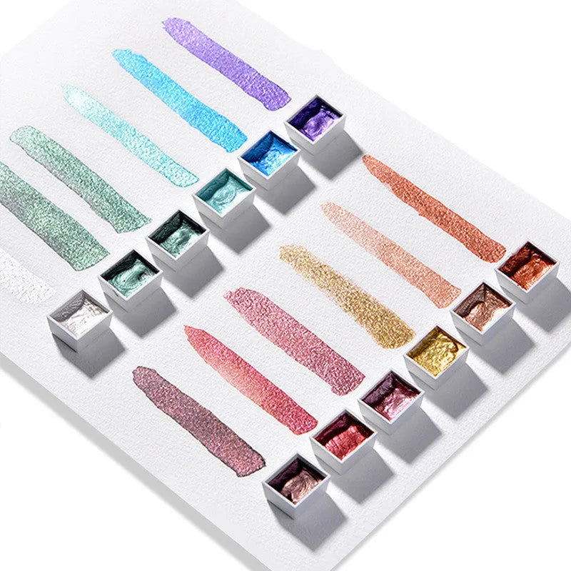 Boxed pearlescent solid watercolour pigment set with 12 colour blocks in uniform size