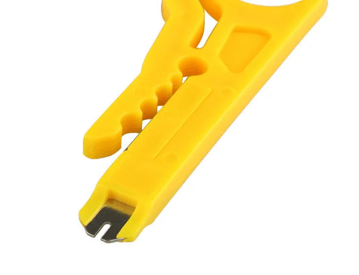 Yellow mini portable wire stripper tool for 0.6mm telephone and network cables.
