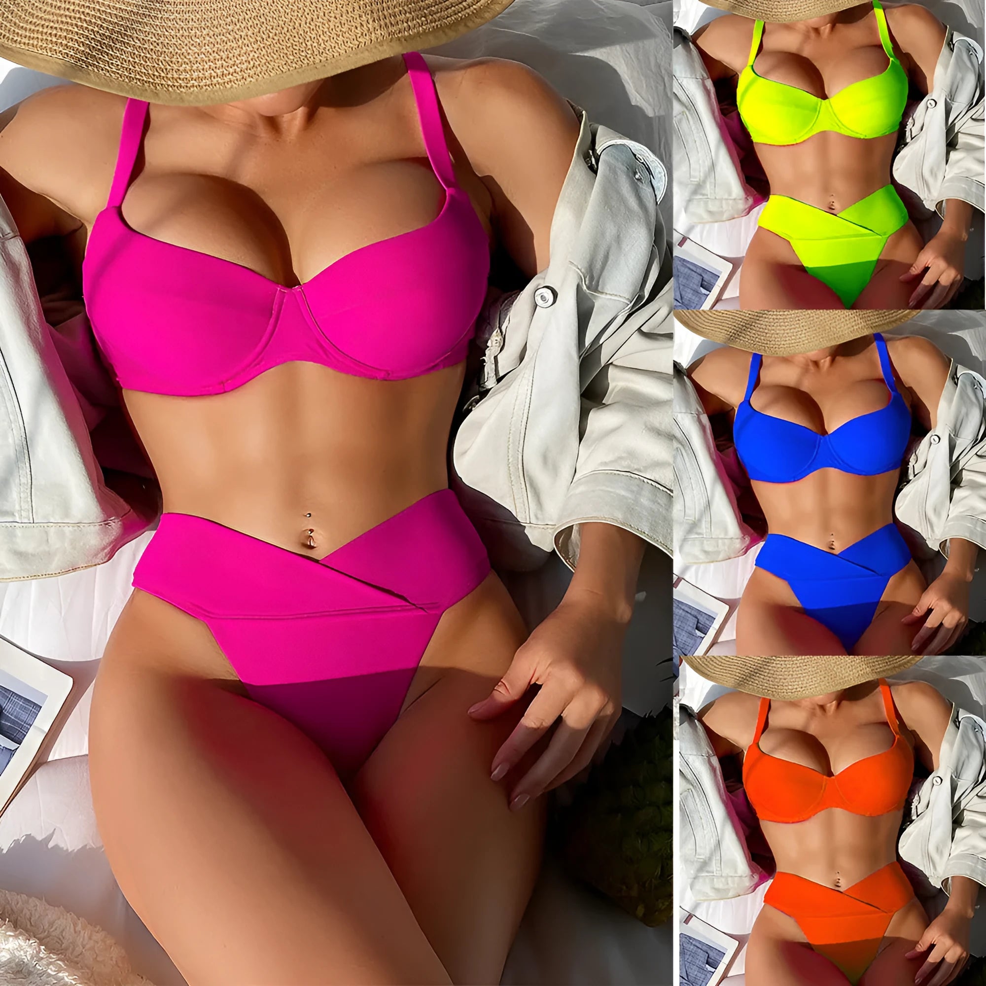 Solid colour bikini swimsuit in fluorescent pink on a mannequin, showing briefs style and sleeveless design.