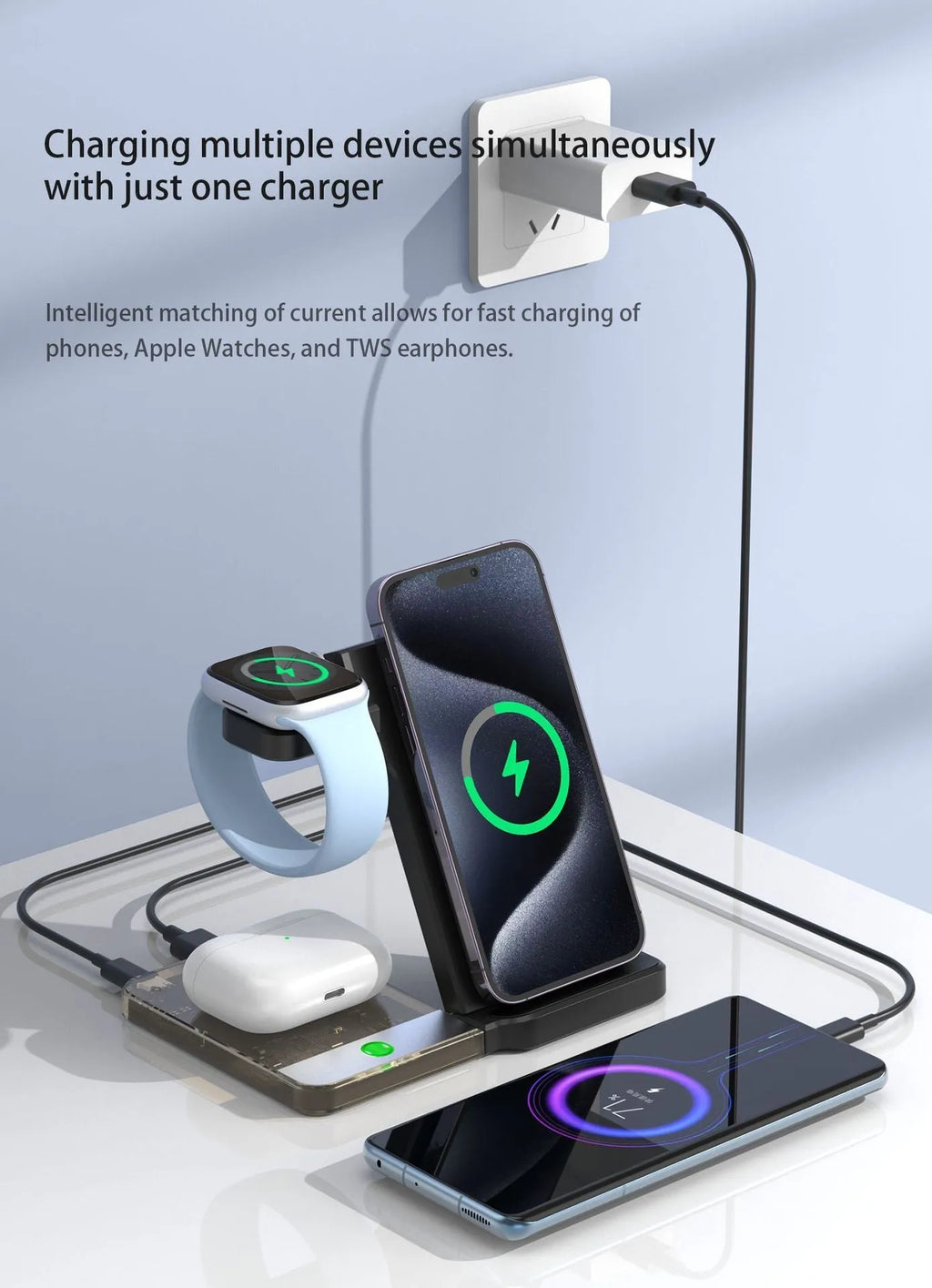 Black foldable desktop wireless charging stand with three charging positions, night light, and USB-A port on a desk