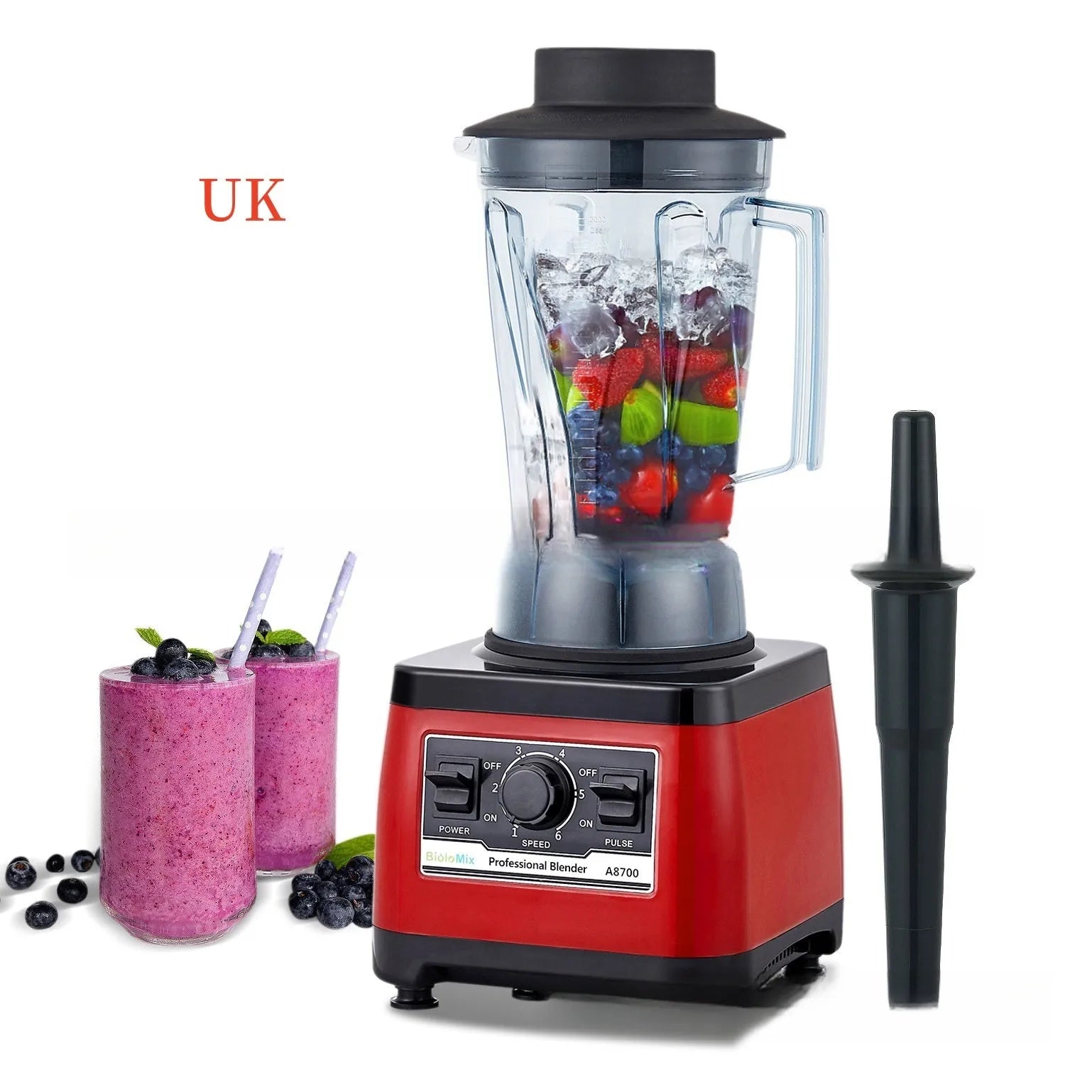 Red commercial blender with 2L stainless steel jug and 2200W motor for professional kitchen use