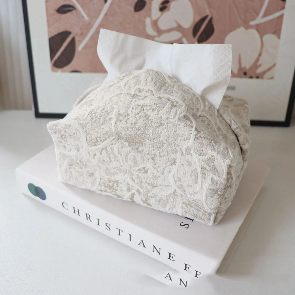 Chinese style flower tissue box with cotton fabric cover in beige, blue or brown.