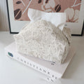 Chinese style flower tissue box with cotton fabric cover in beige, blue or brown.