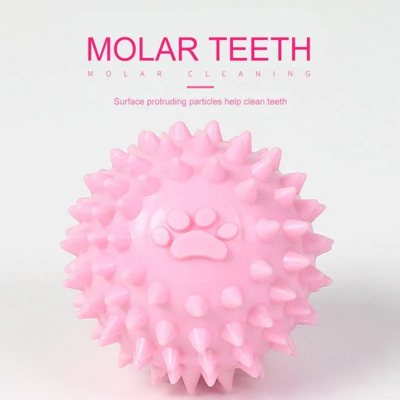 Blue TPR rubber dog chewing ball with textured footprint pattern for tooth cleaning