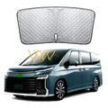 Silver reflective car sunshade cover designed for the front windshield of a Toyota Noah XOVY 90 series.