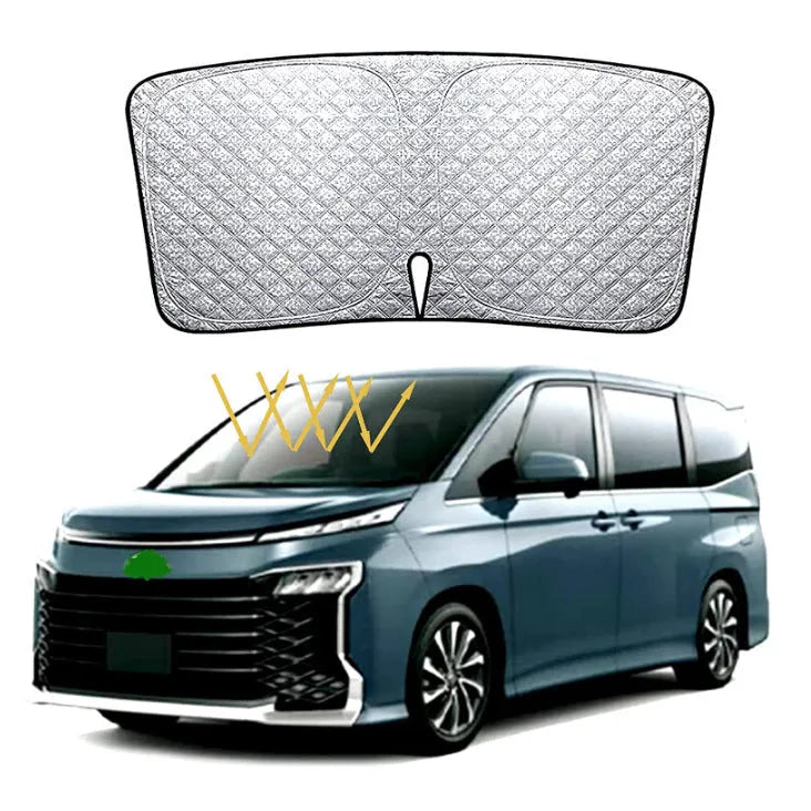 Silver reflective car sunshade cover designed for the front windshield of a Toyota Noah XOVY 90 series.