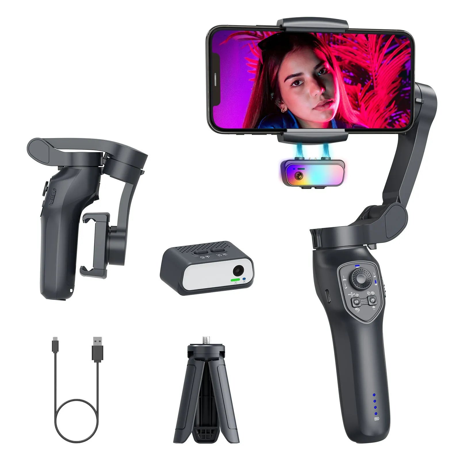 Foldable handheld gimbal stabilizer in gun colour with USB charging port