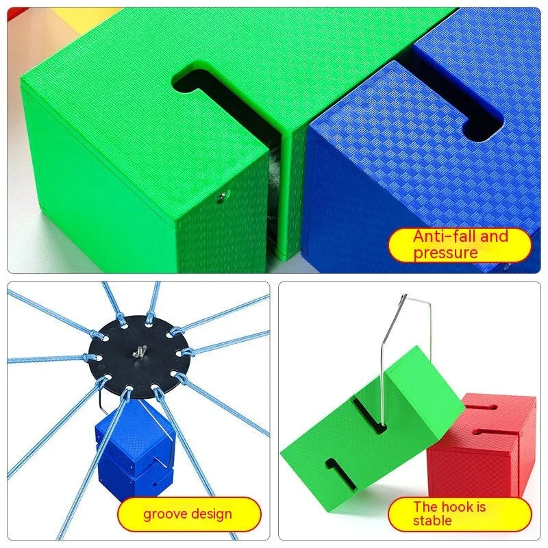 Team building tower block game equipment with pull ropes and multiple colour options for outdoor group activities