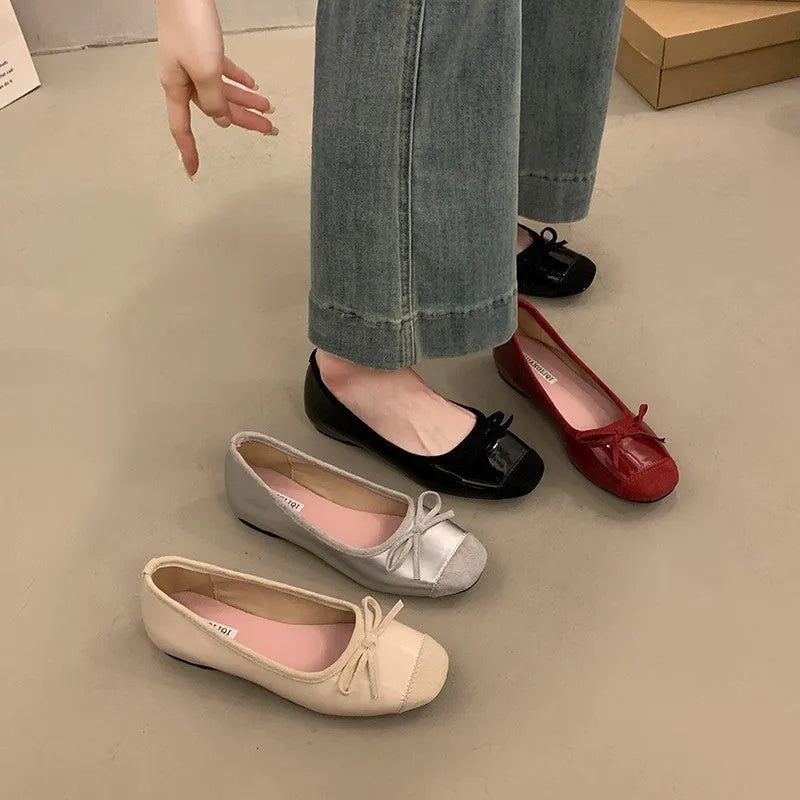 Retro ballet Mary Jane flats in apricot with bow detail and square toe