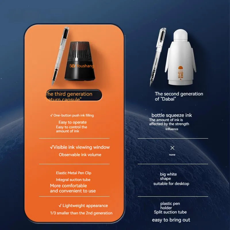 Automatic suction pen set with plastic body, ink feeder, and choice of 0.38mm or 0.5mm pen heads.