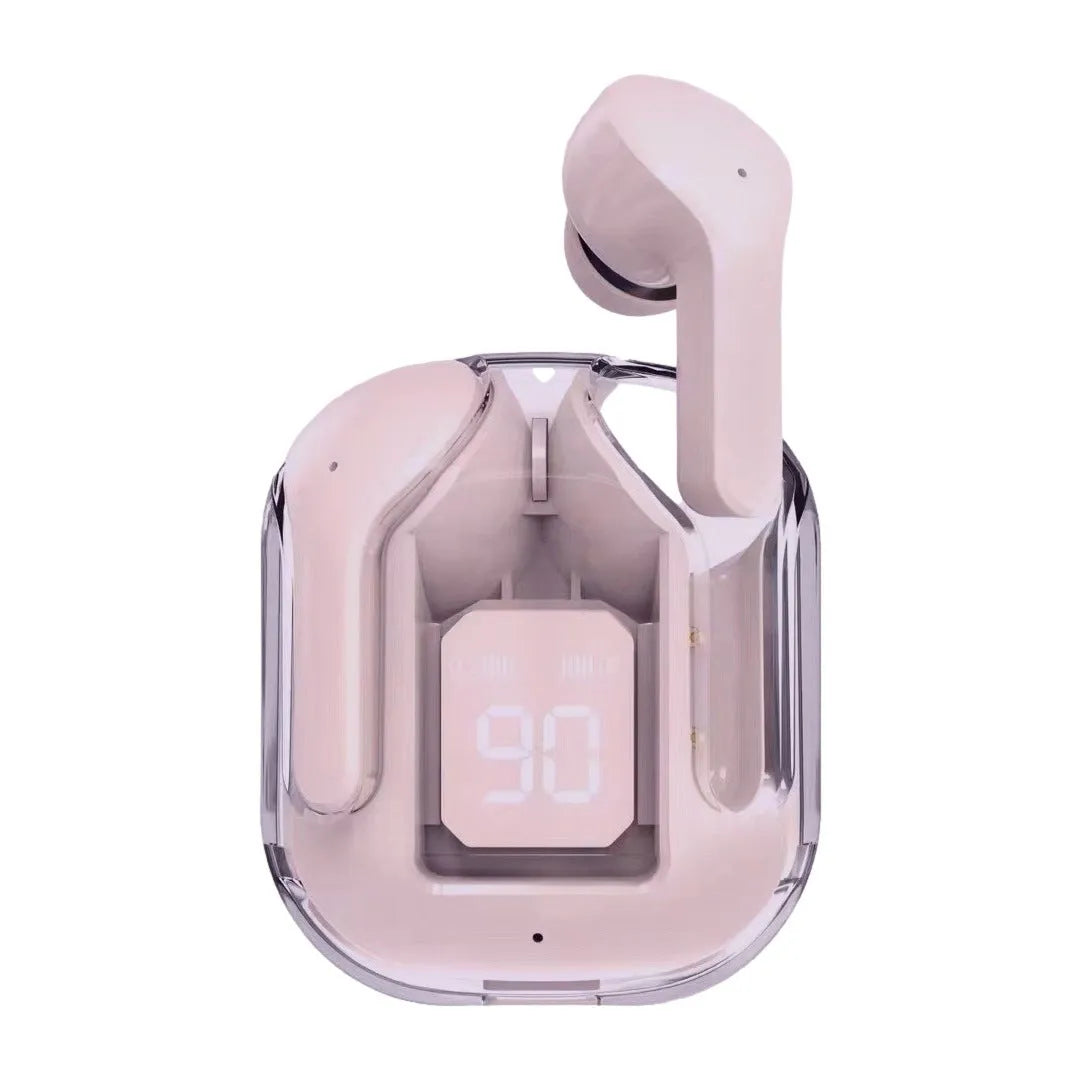 Transparent space capsule case containing black Bluetooth earphones with a digital battery display screen.