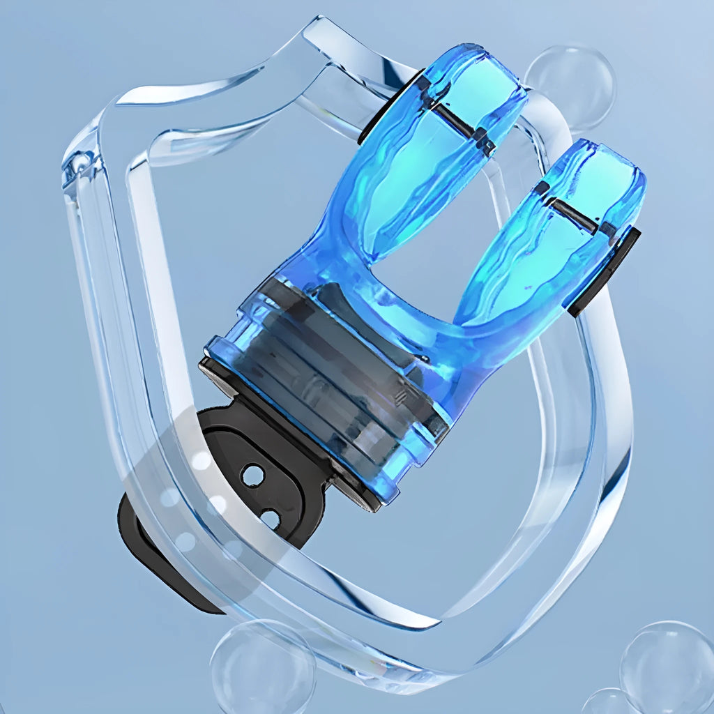 Edible silicone plastic free diving mouthpiece in various colours, showing 110mm length.