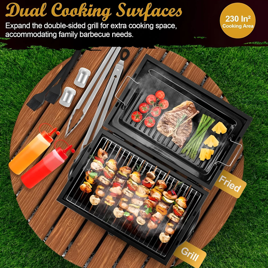 Small folding desktop charcoal barbecue with grill for tabletop cooking