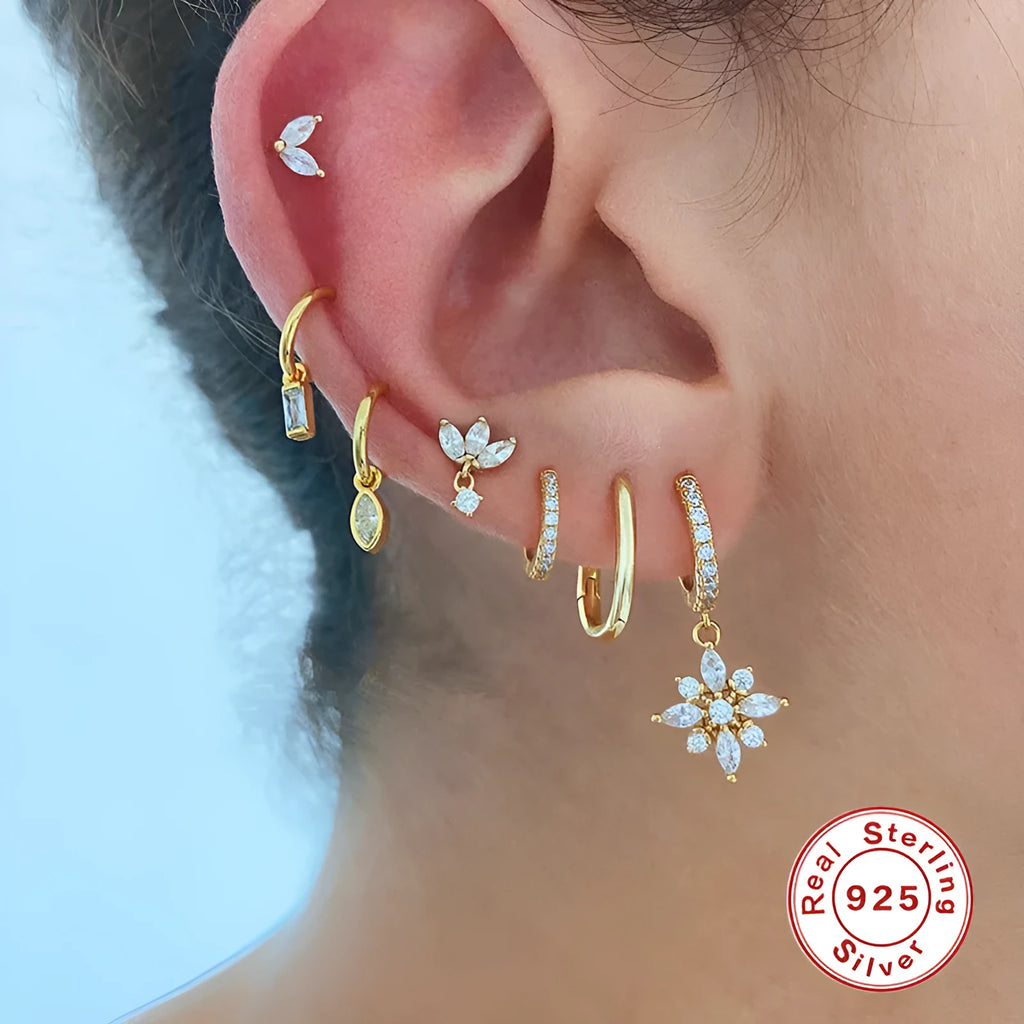 Women's S925 sterling silver geometric snowflake pendant earrings with gemstone inlays