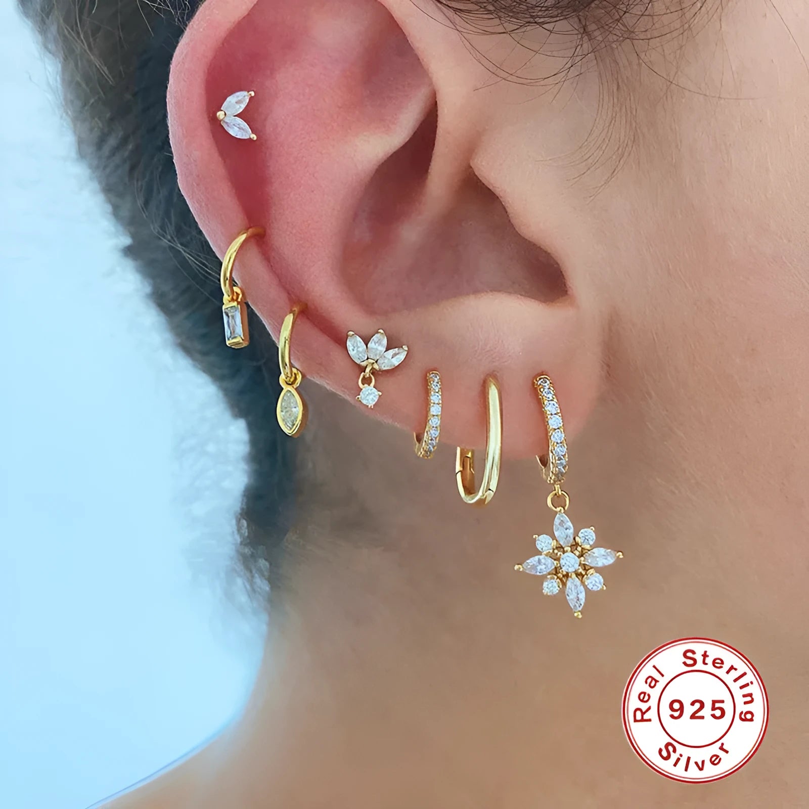 Women's S925 sterling silver geometric snowflake pendant earrings with gemstone inlays