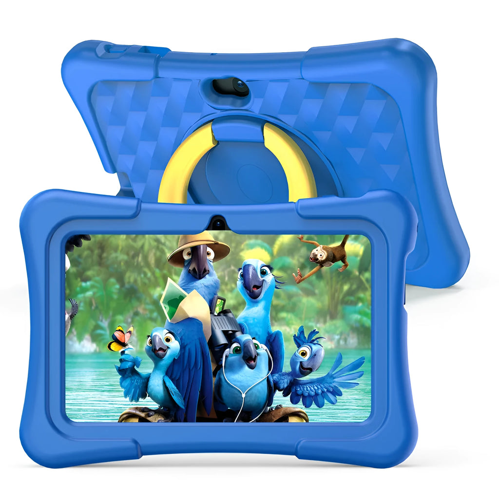 Blue 7-inch children's educational tablet with silicone protective cover and 360-degree rotation handle bracket