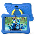 Blue 7-inch children's educational tablet with silicone protective cover and 360-degree rotation handle bracket