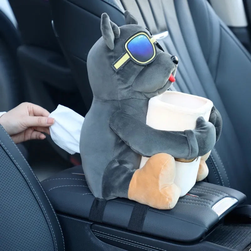 Plush car tissue box for flip armrest with dog design, 27x33cm