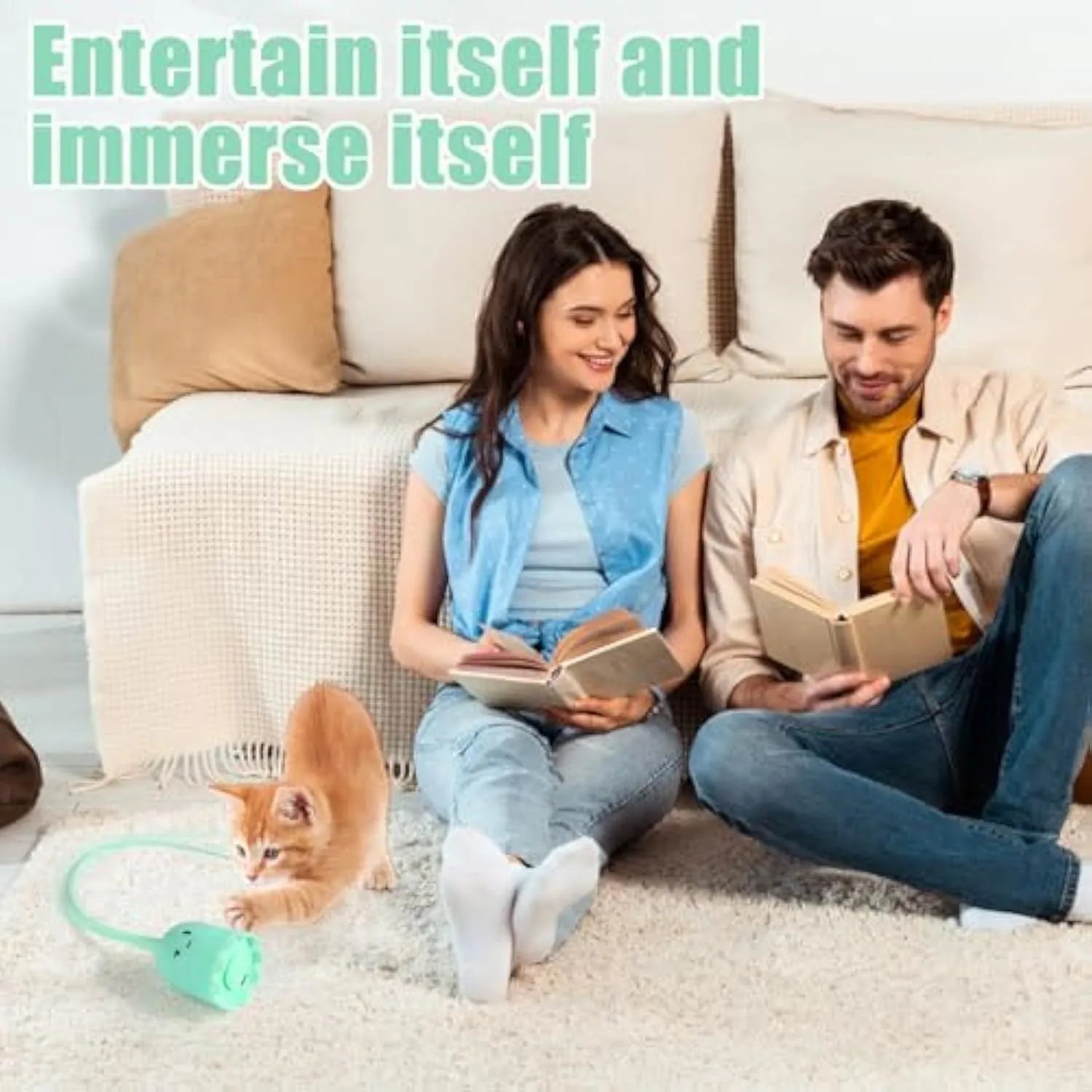 Green automatic cat wand toy with swinging silicone tails for indoor cats on wooden floor