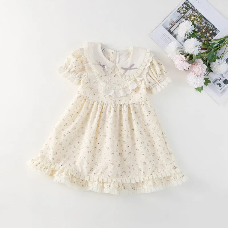 Beige floral cotton girls dress with lace trim short sleeves summer style