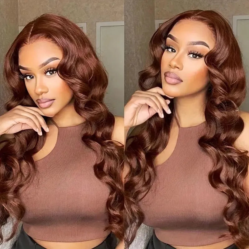 Dark brown long curly front lace wig with side fringe on display stand