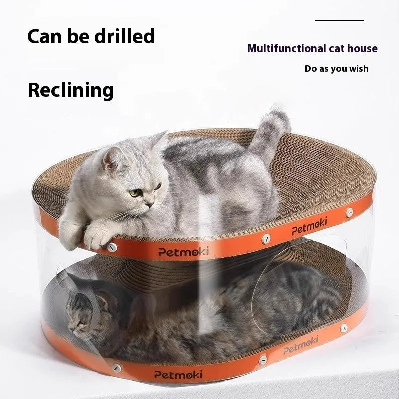 Transparent white diamond-pattern cat scratch board and tunnel nest measuring 58cm long.