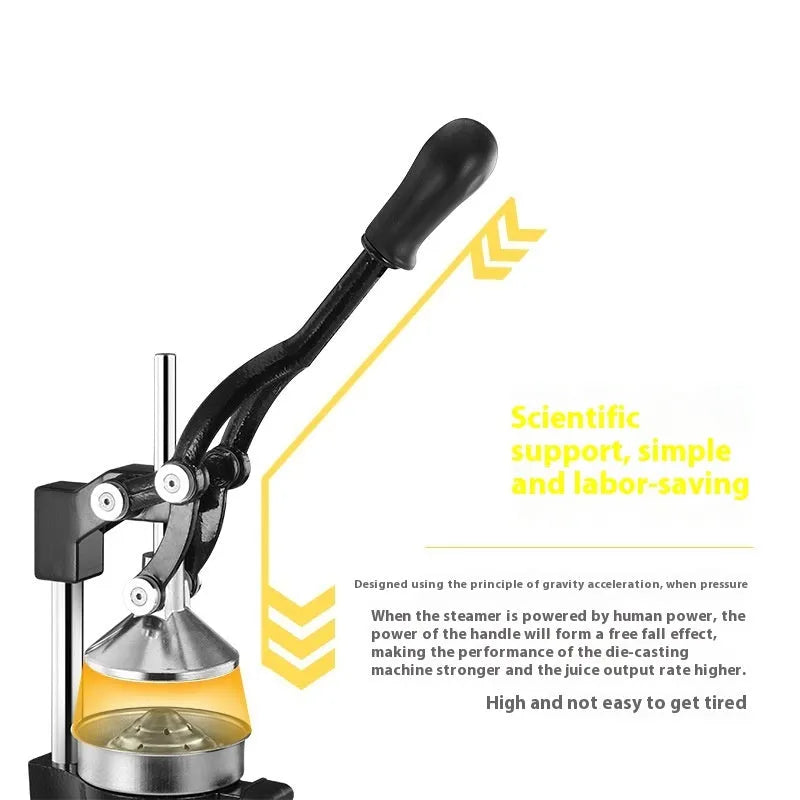 Cast iron manual citrus juicer with stainless steel strainer, 40cm height, in black colour