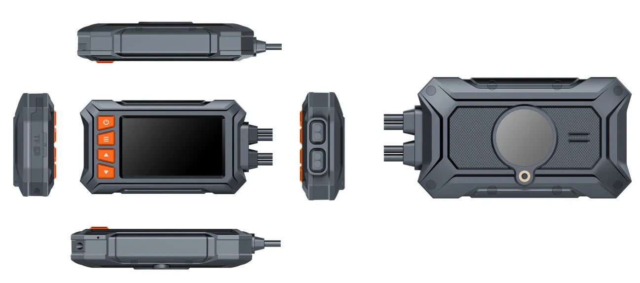 3 inch WIFI motorcycle dash cam with front and rear lenses, GPS module, and waterproof housing.