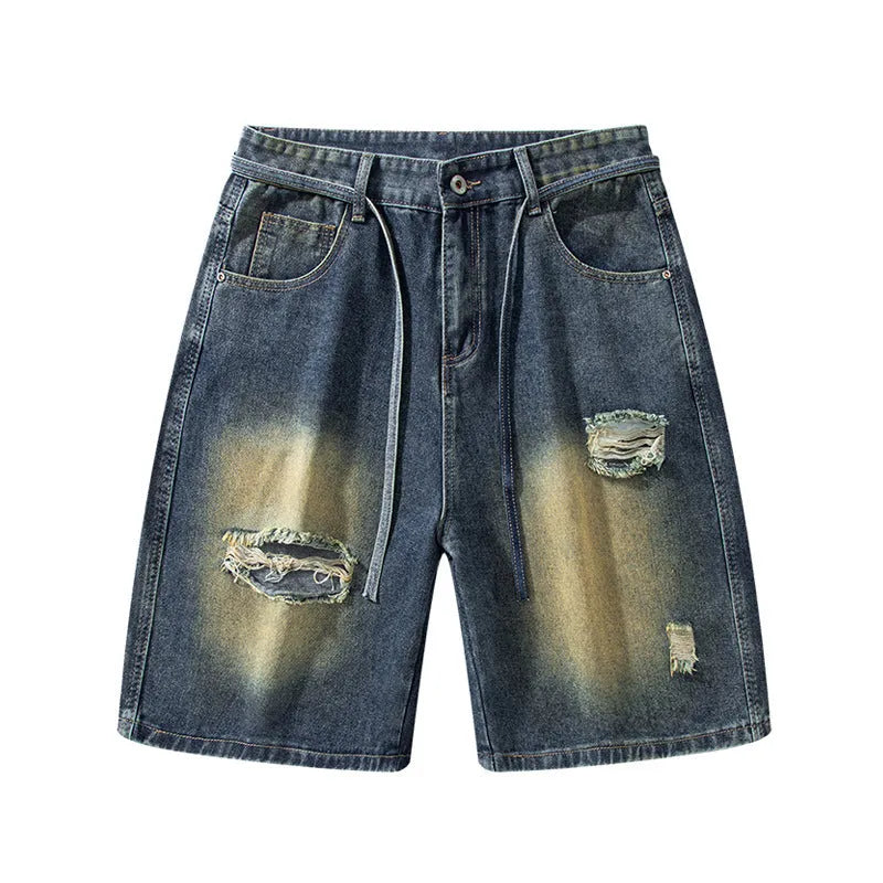 Retro blue denim jeans with ripped detailing, loose straight-leg fit, American high street street style.