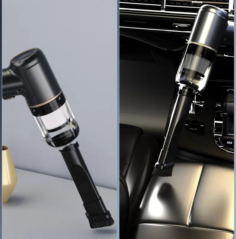 Black wireless car vacuum cleaner with multiple nozzle attachments including brush heads and suction tubes
