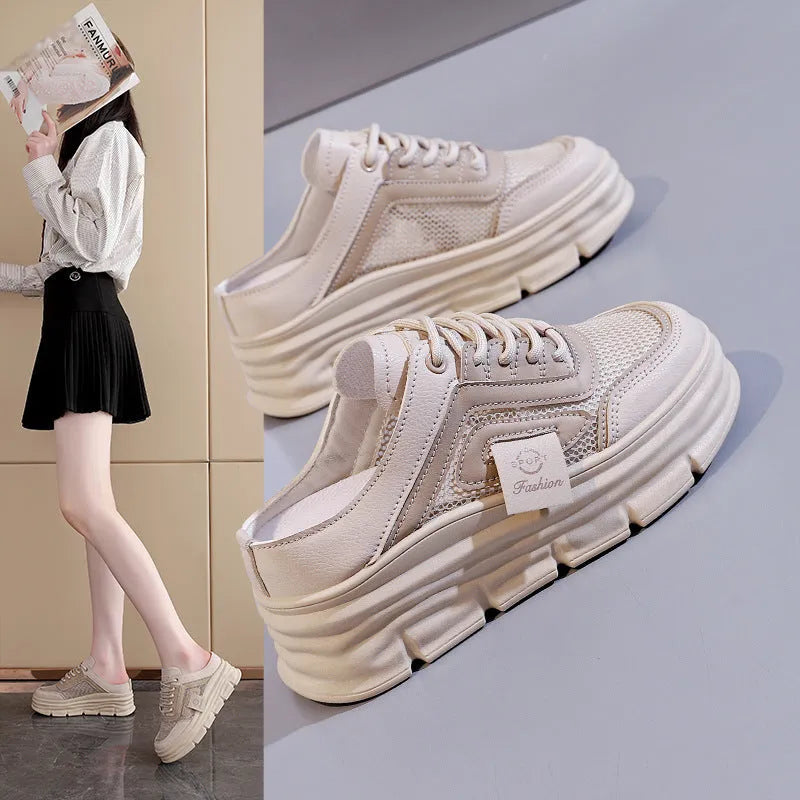 Women's black mesh half slippers with height increasing insole and rubber sole for spring and summer casual wear