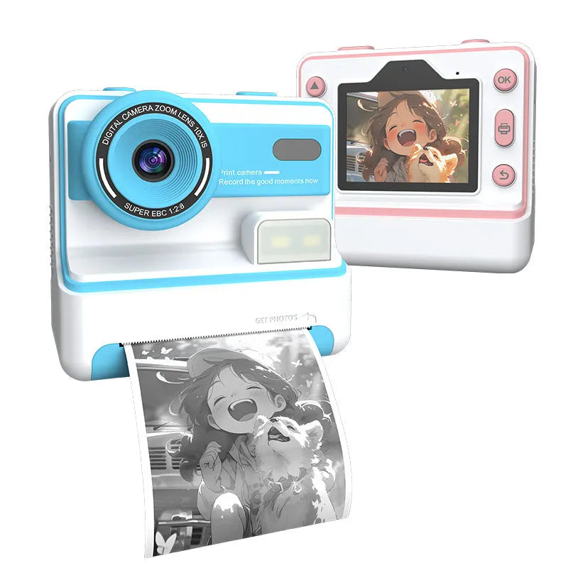 Children's dual lens printing camera in blue with ABS body, 94x56.8x89.2mm, showing front camera and lanyard