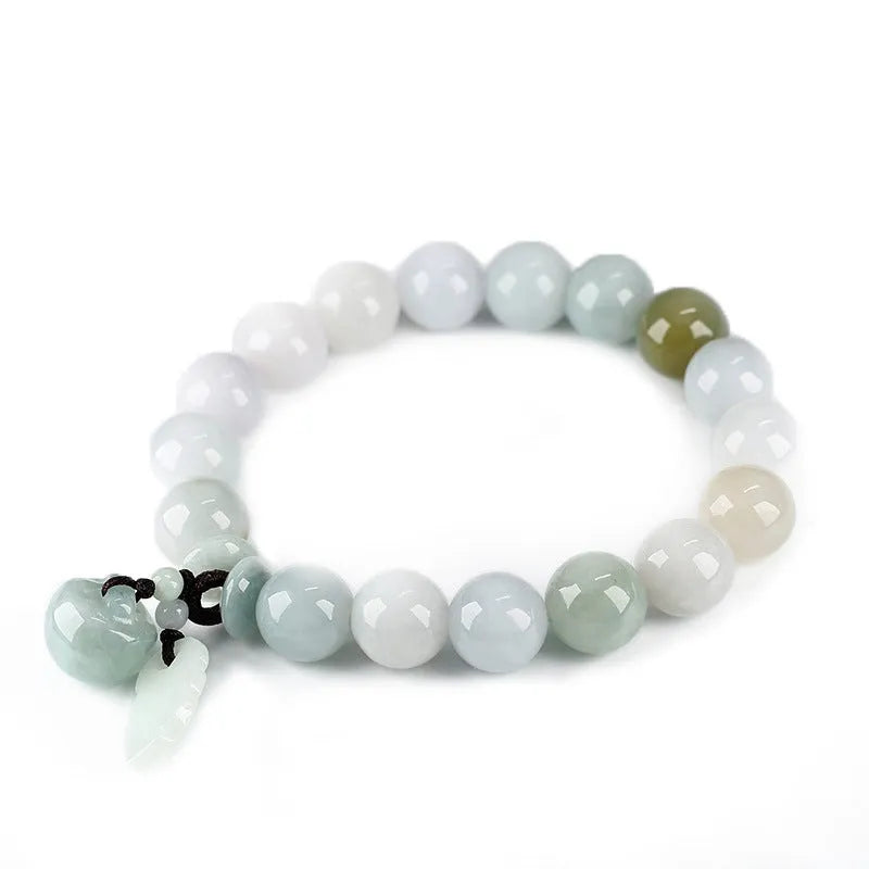 Natural jade bracelet with geometric beads showing Maitreya Buddha, double apple, and money bag symbols