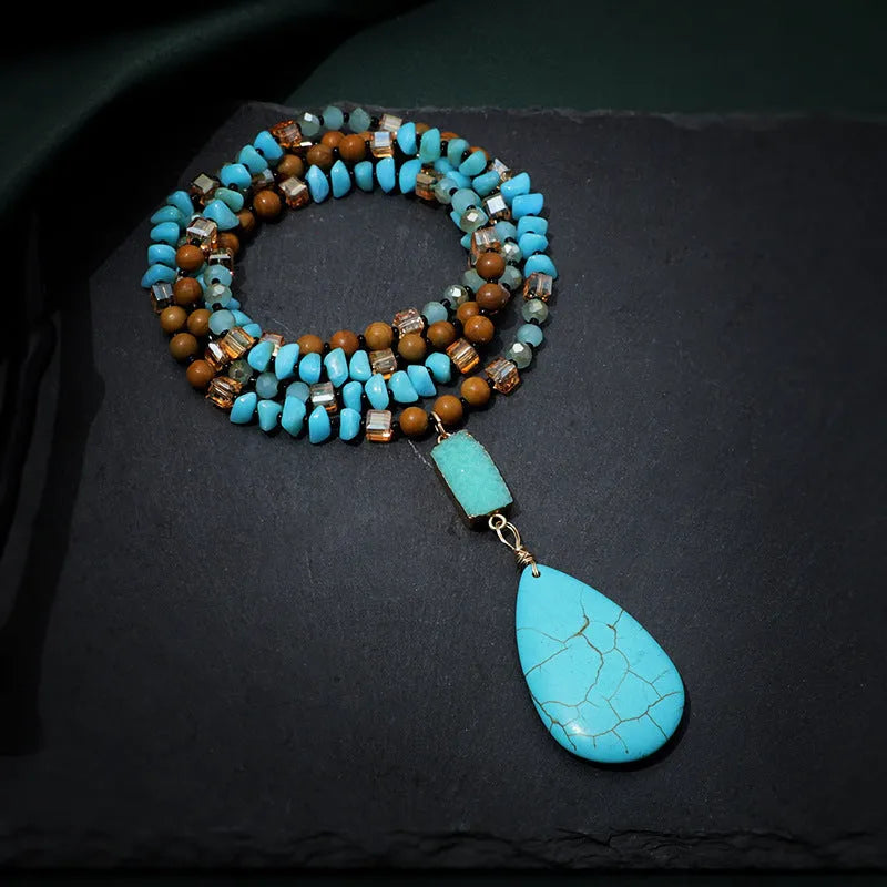 Blue turquoise imitation mineral pendant necklace with water drop shape and ball bead chain