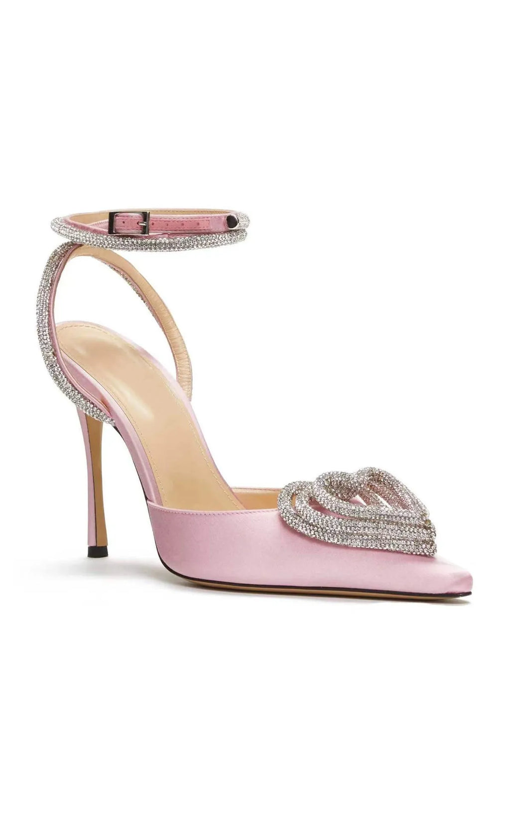 Women's satin sandals with heart-shaped rhinestone decoration and pointed toe design in three colour options