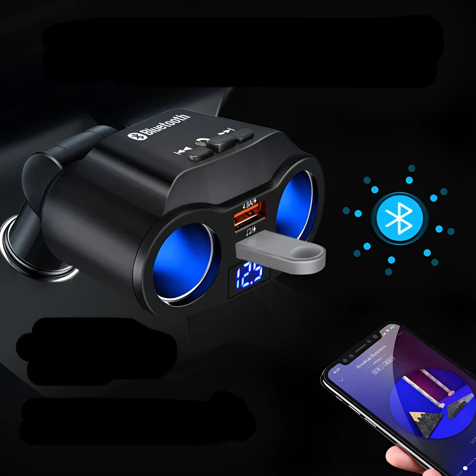 Black car Bluetooth FM transmitter plugged into a vehicle cigarette lighter socket for wireless audio streaming.