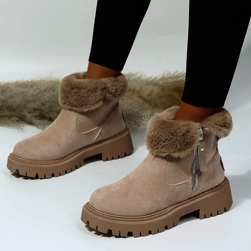 Women's black high-top snow boots with faux suede upper, side zipper, and thick plush lining.