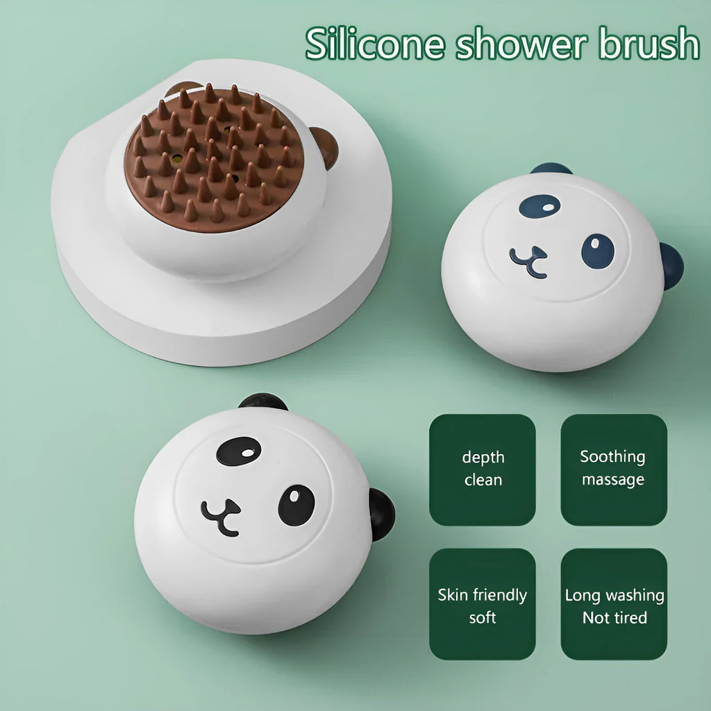 Panda-shaped silicone pet shower brush with soft bristles for cat and dog bathing