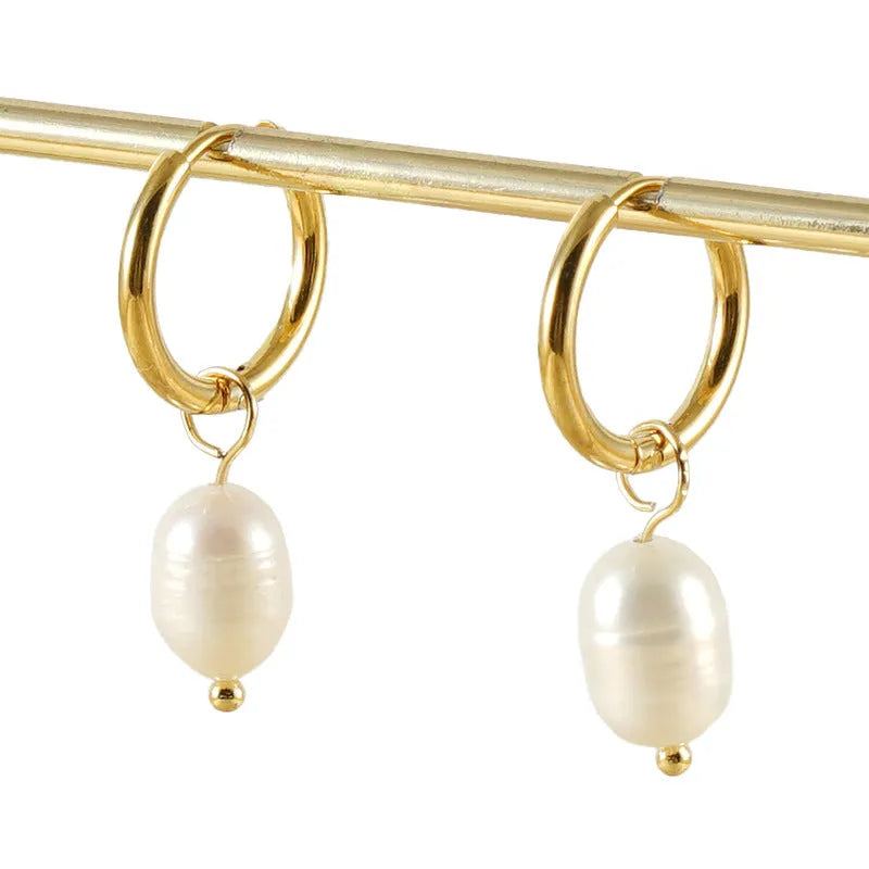 Geometric gold stainless steel earrings with pearl accents and titanium posts