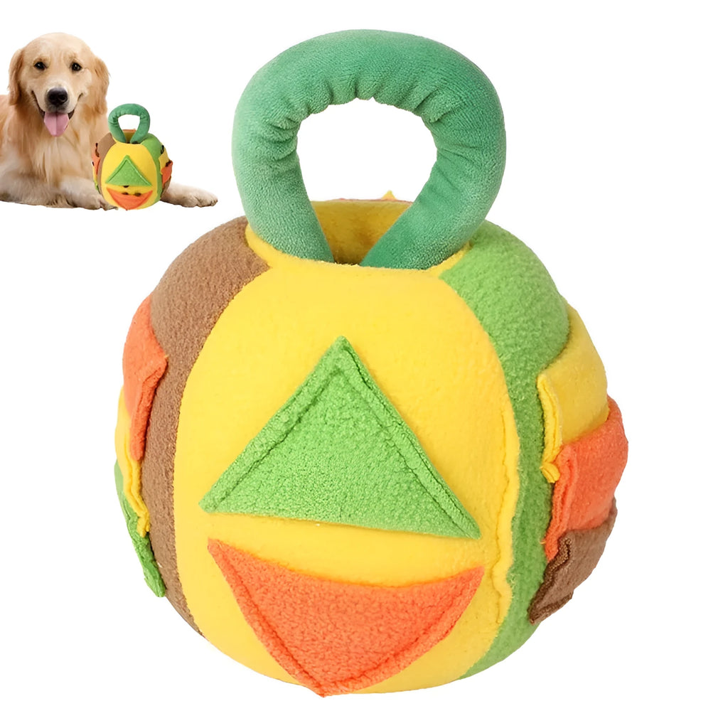 Green and pink plush squeaky dog ball toy with treat pockets for small medium dogs