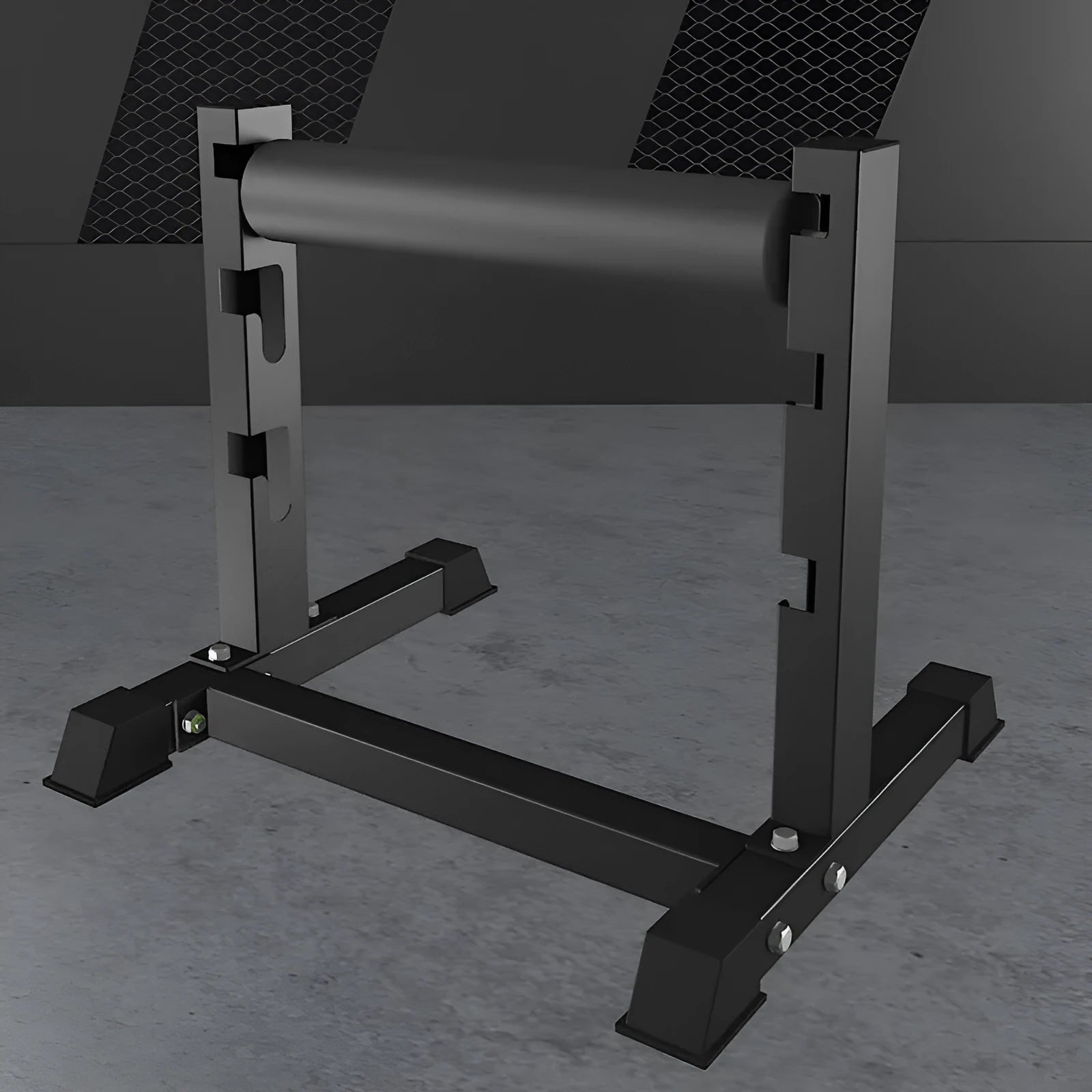 Black steel leg press trainer for split squats and balance exercises in a home gym setting