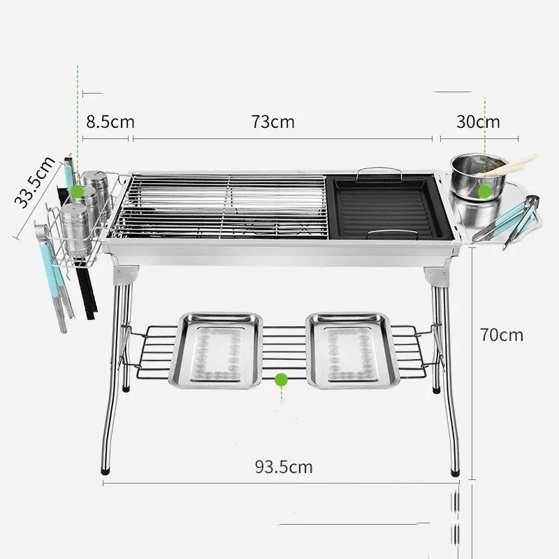 Stainless steel portable folding barbecue grill with dimensions 73x33.5x70cm.