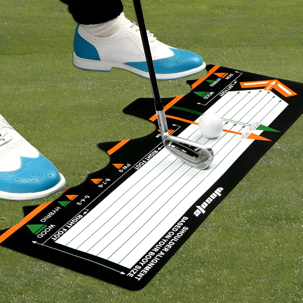Black neoprene golf swing stance correction mat with alignment markings for practice